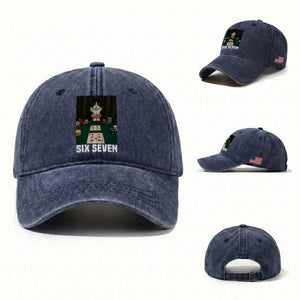 67 Poker Cat Washed Cotton Baseball Cap Funny Six Seven Meme TS14 Washed Cap Universal Fit Navy Print Your Wear