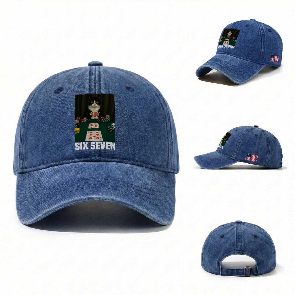 67 Poker Cat Washed Cotton Baseball Cap Funny Six Seven Meme TS14 Washed Cap Universal Fit Royal Blue Print Your Wear