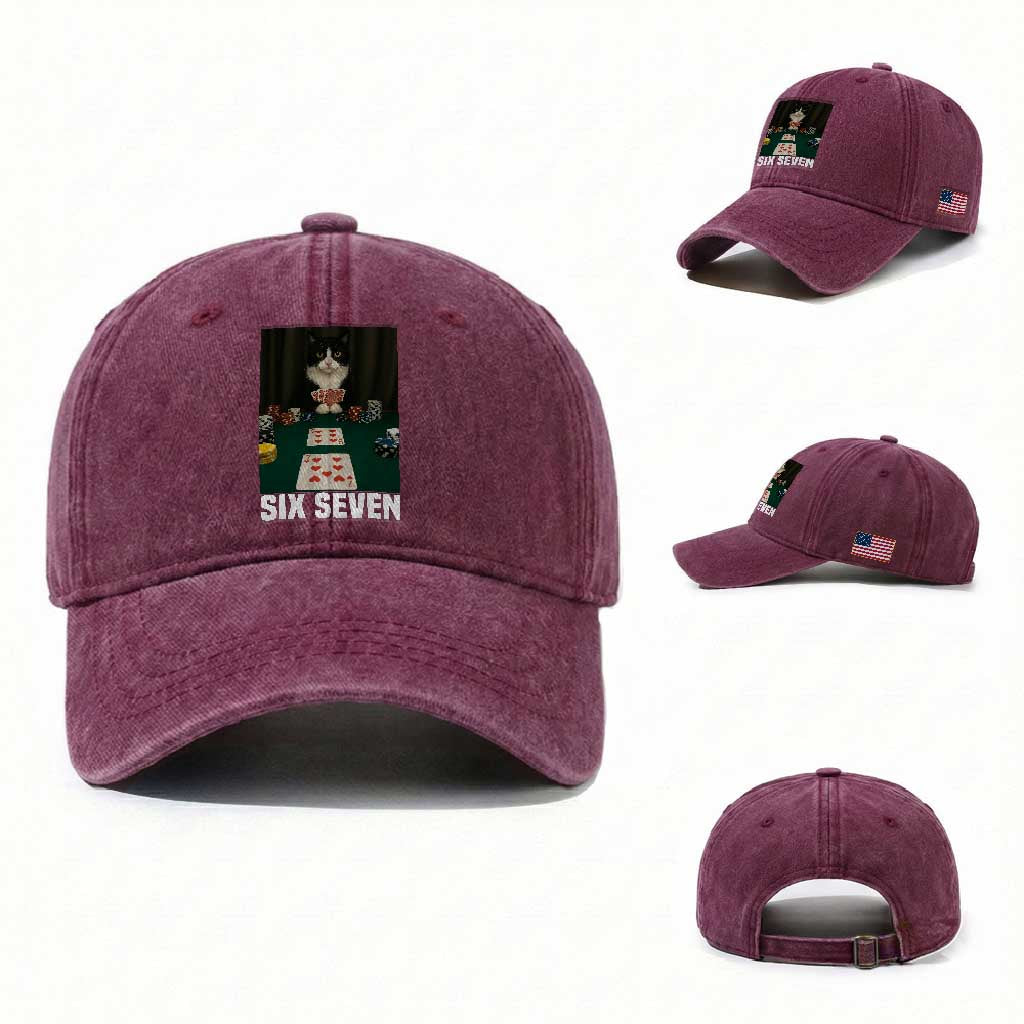 67 Poker Cat Washed Cotton Baseball Cap Funny Six Seven Meme TS14 Washed Cap Universal Fit Burgundy Print Your Wear