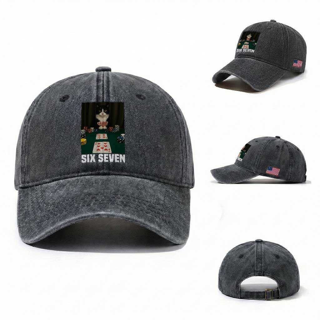 67 Poker Cat Washed Cotton Baseball Cap Funny Six Seven Meme TS14 Washed Cap Universal Fit Dark Gray Print Your Wear