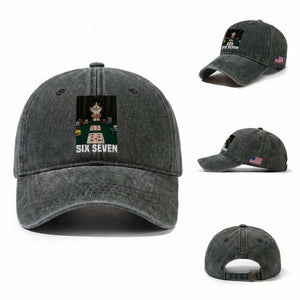 67 Poker Cat Washed Cotton Baseball Cap Funny Six Seven Meme TS14 Washed Cap Universal Fit Dark Green Print Your Wear