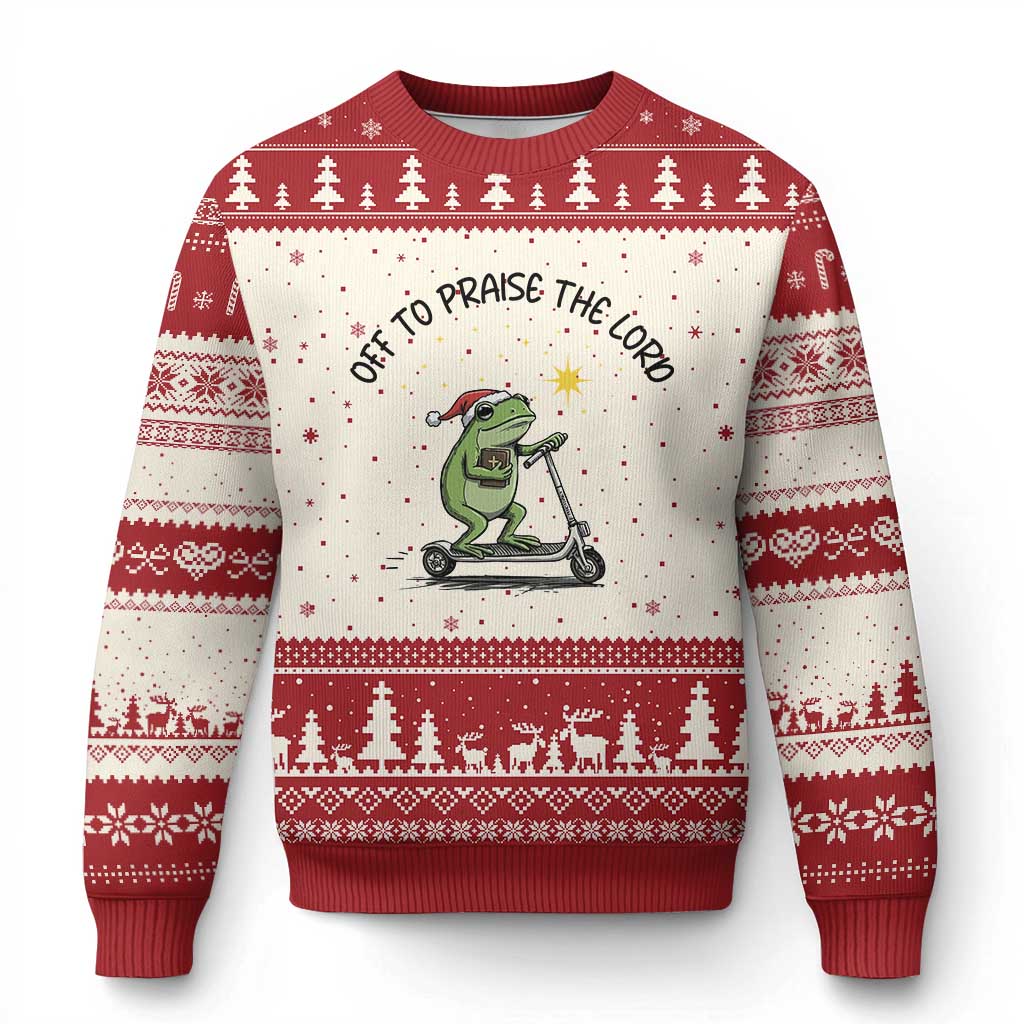 Off To Praise The Lord Ugly Christmas Sweater Funny Frog Christian TS14 Beige Red Print Your Wear