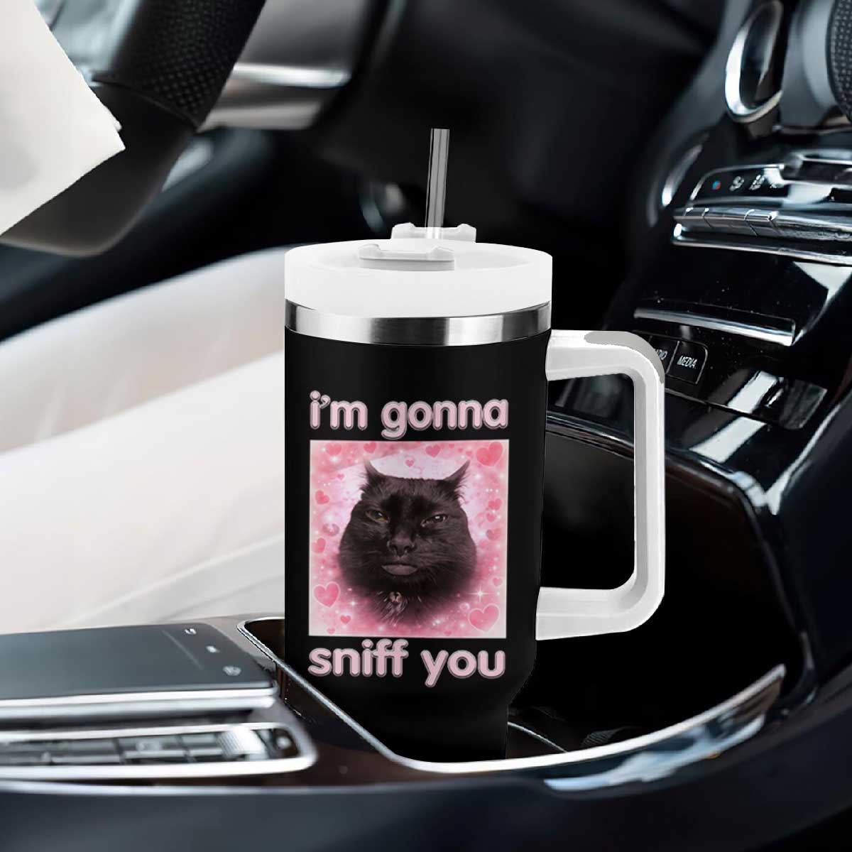 I'm Gonna Sniff You Tumbler With Handle Funny Black Cat Brainrot Meme TS14 Print Your Wear