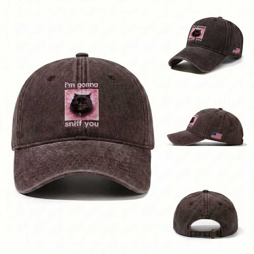 I'm Gonna Sniff You Washed Cotton Baseball Cap Funny Black Cat Brainrot Meme TS14 Washed Cap Universal Fit Dark Brown Print Your Wear