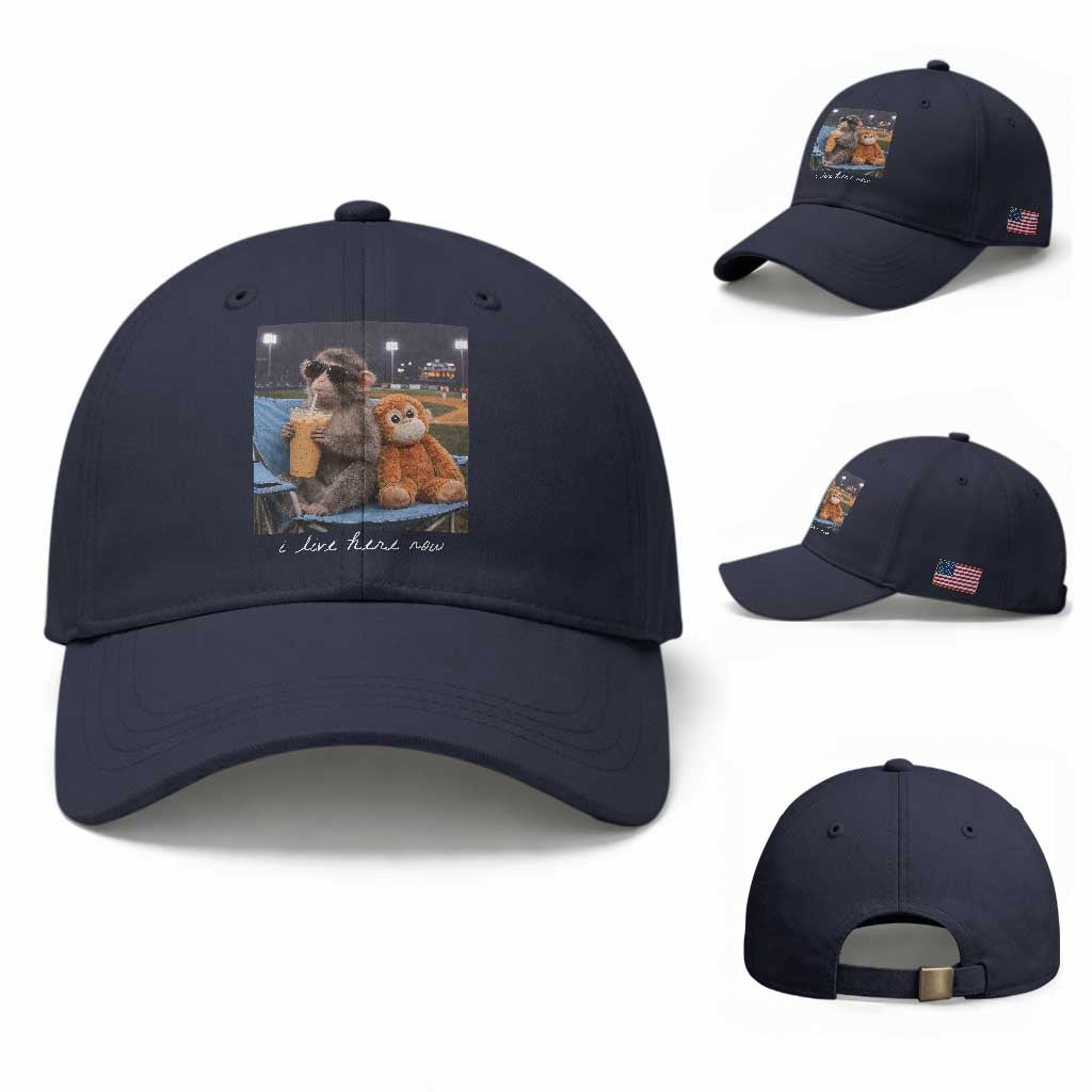 Funny Punch Monkey Baseball Baseball Cap I Live Here Now Ballpark Graphic TS14 Baseball Cap Universal Fit Navy Print Your Wear