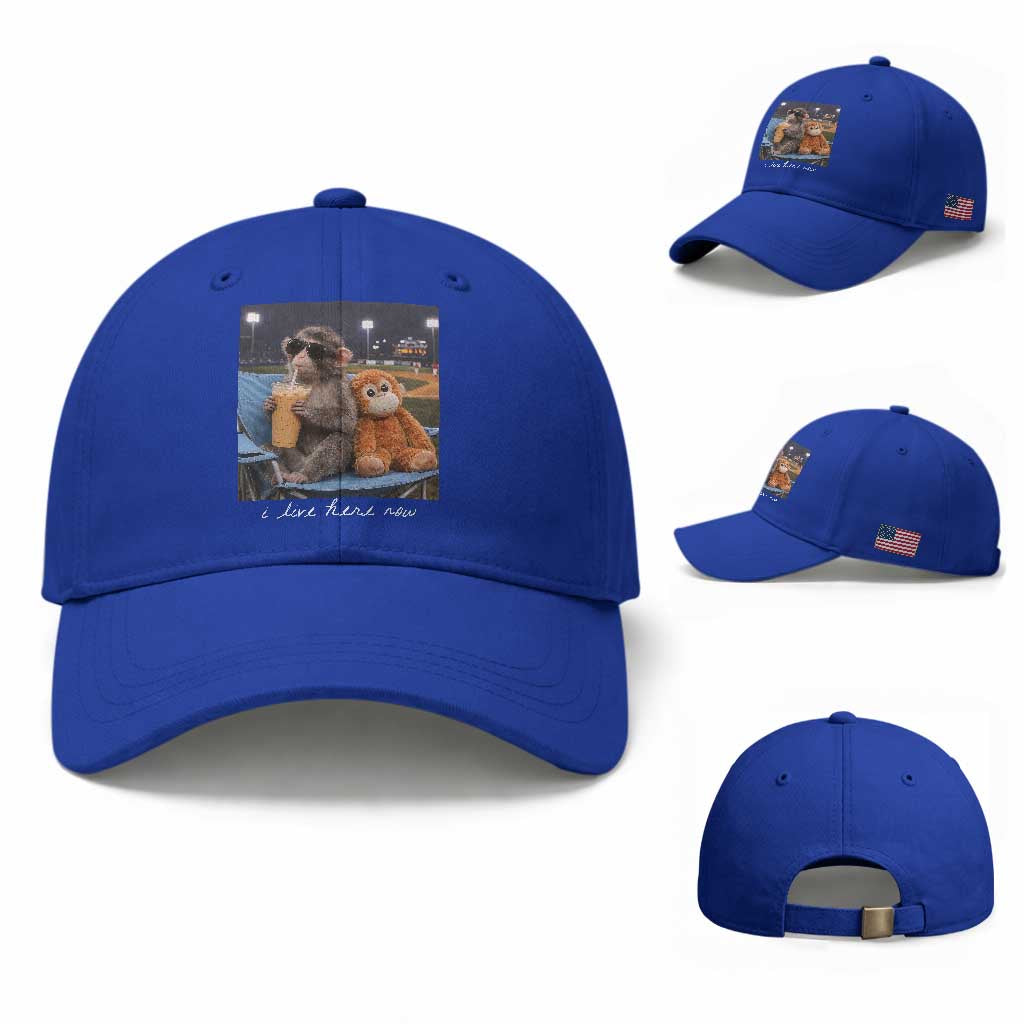 Funny Punch Monkey Baseball Baseball Cap I Live Here Now Ballpark Graphic TS14 Baseball Cap Universal Fit Royal Blue Print Your Wear