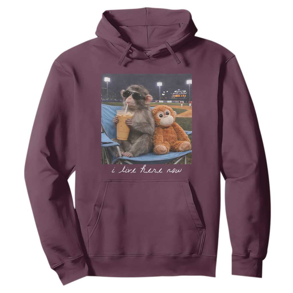 Funny Punch Monkey Baseball Hoodie I Live Here Now Ballpark Graphic TS14 Maroon Print Your Wear