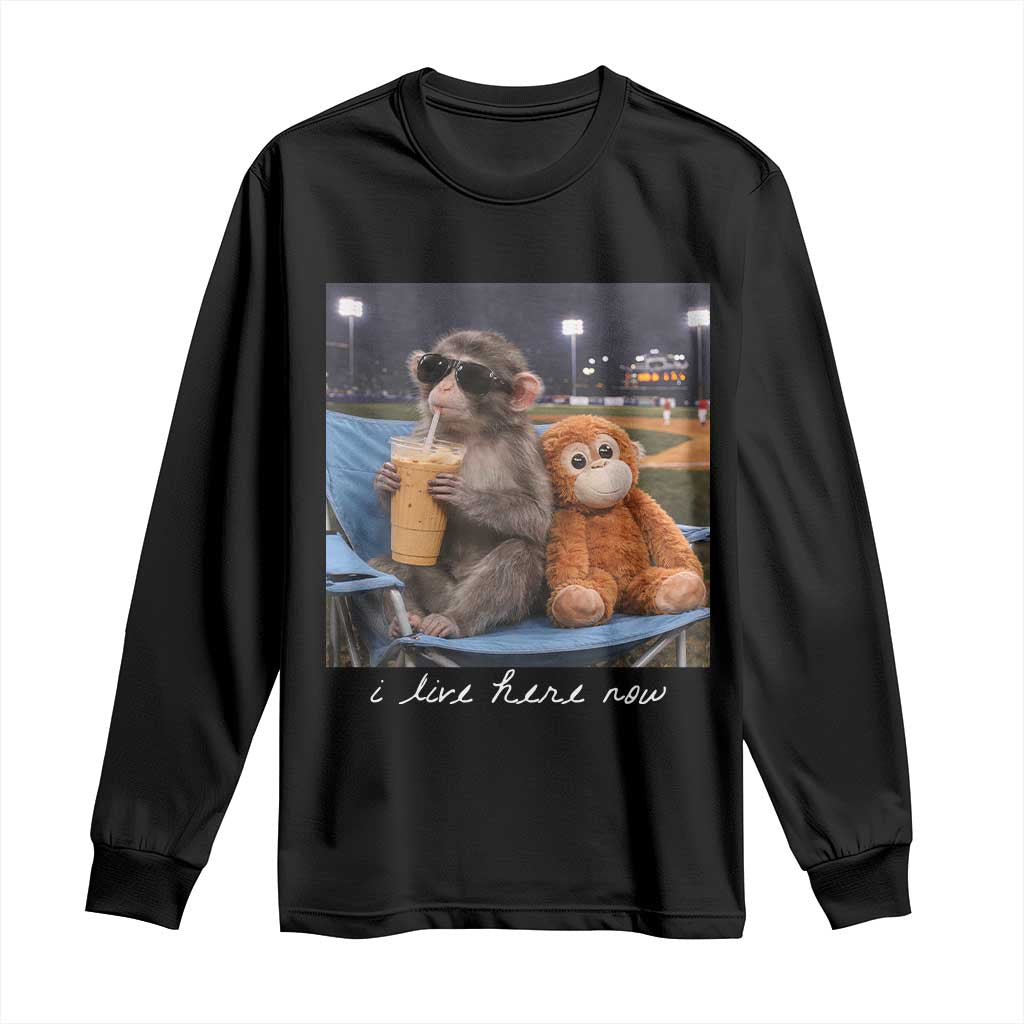 Funny Punch Monkey Baseball Long Sleeve Shirt I Live Here Now Ballpark Graphic TS14 Black Print Your Wear