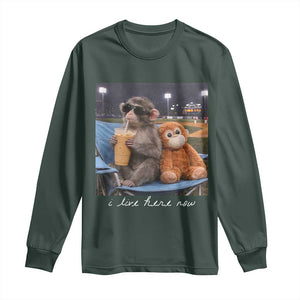 Funny Punch Monkey Baseball Long Sleeve Shirt I Live Here Now Ballpark Graphic TS14 Dark Forest Green Print Your Wear