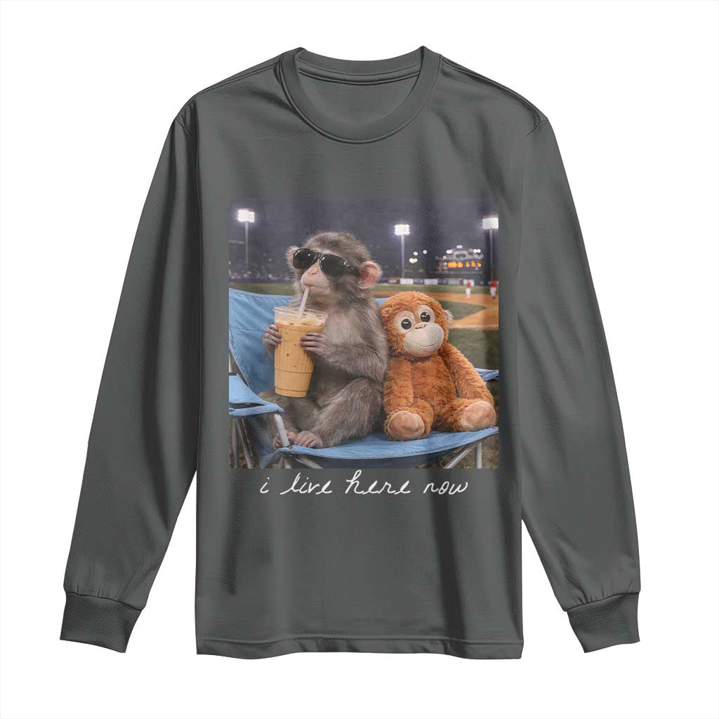 Funny Punch Monkey Baseball Long Sleeve Shirt I Live Here Now Ballpark Graphic TS14 Dark Heather Print Your Wear