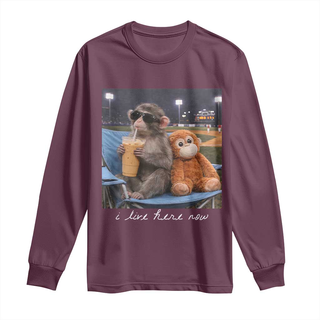 Funny Punch Monkey Baseball Long Sleeve Shirt I Live Here Now Ballpark Graphic TS14 Maroon Print Your Wear
