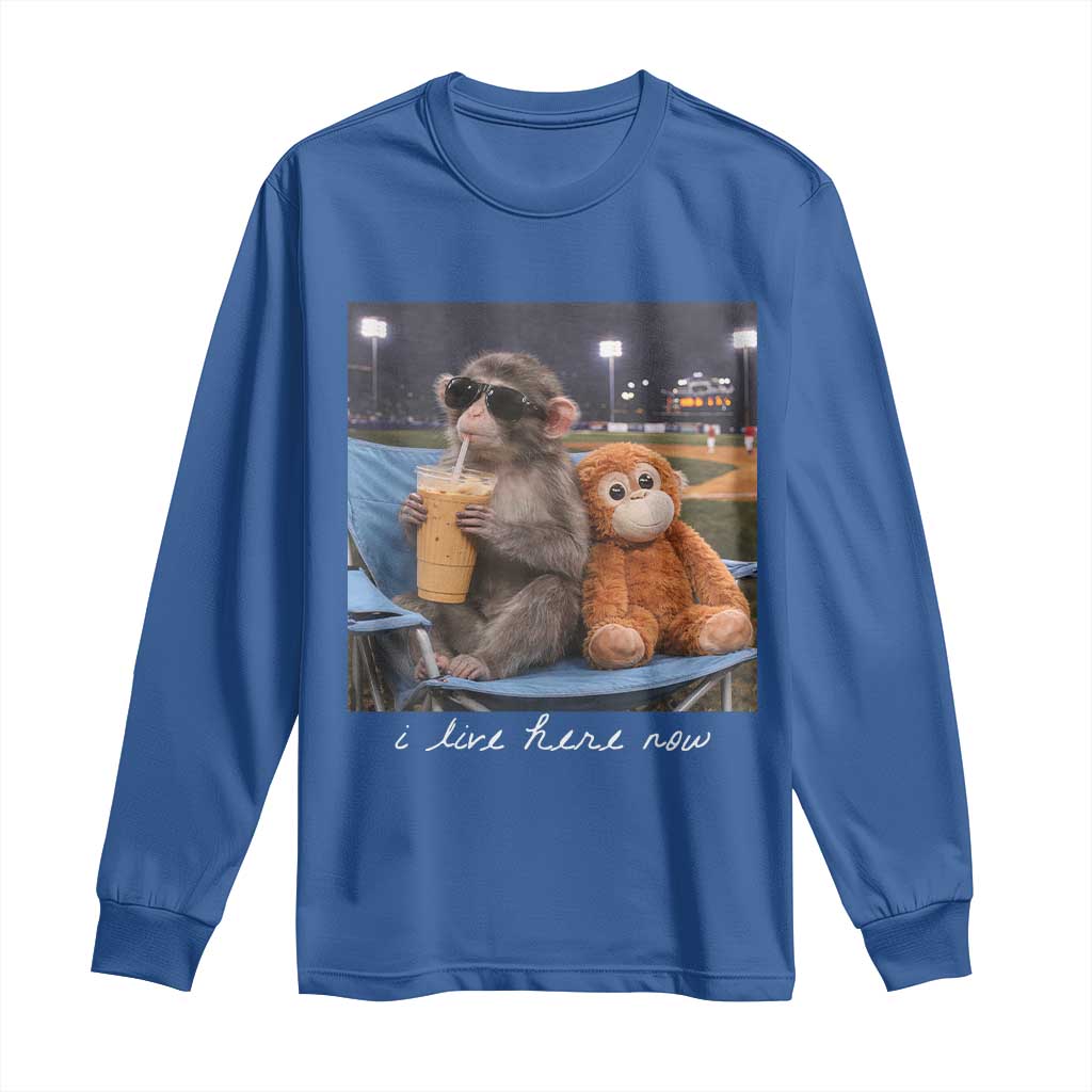 Funny Punch Monkey Baseball Long Sleeve Shirt I Live Here Now Ballpark Graphic TS14 Royal Blue Print Your Wear