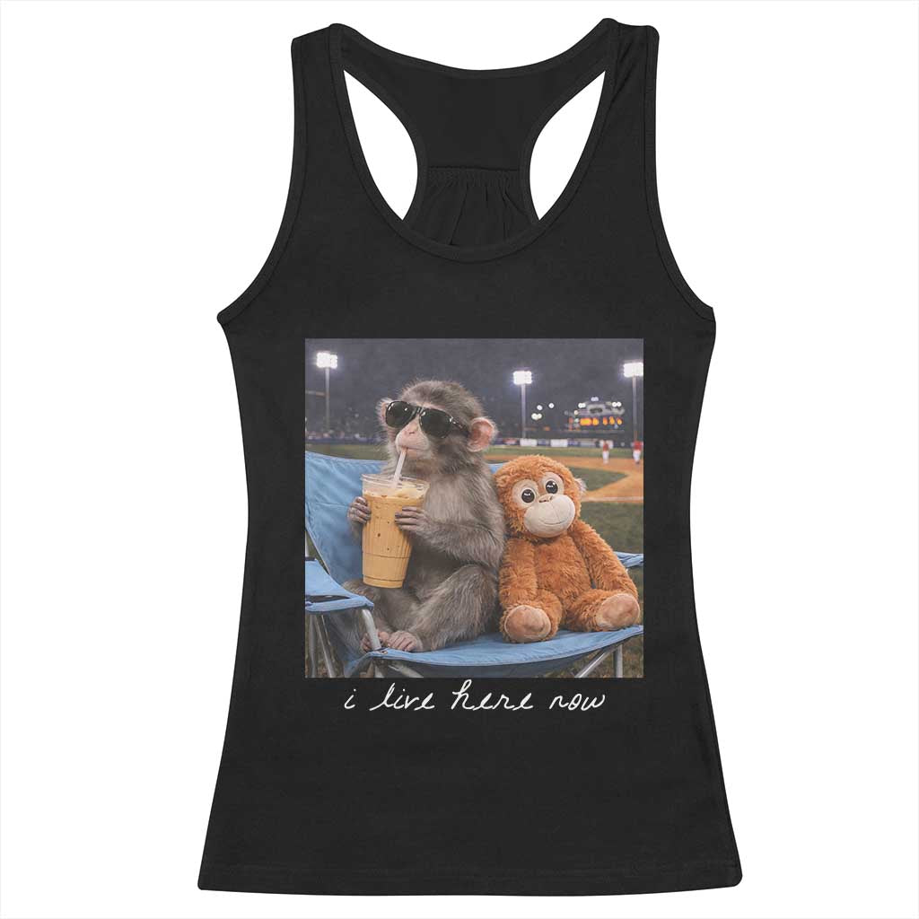 Funny Punch Monkey Baseball Racerback Tank Top I Live Here Now Ballpark Graphic TS14 Black Print Your Wear