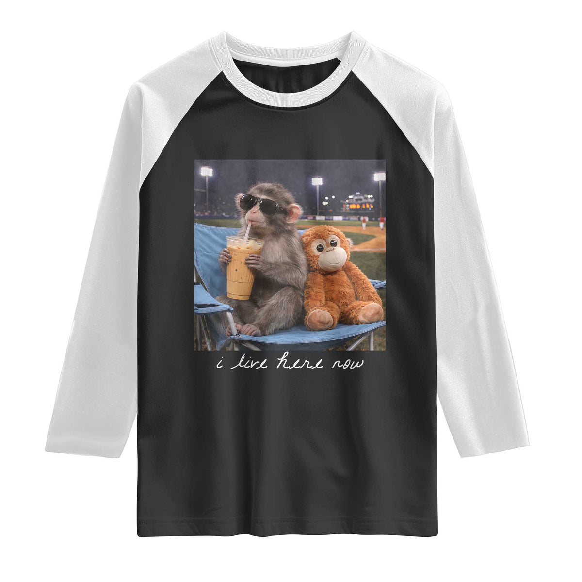 Funny Punch Monkey Baseball Raglan Shirt I Live Here Now Ballpark Graphic TS14 Black White Print Your Wear