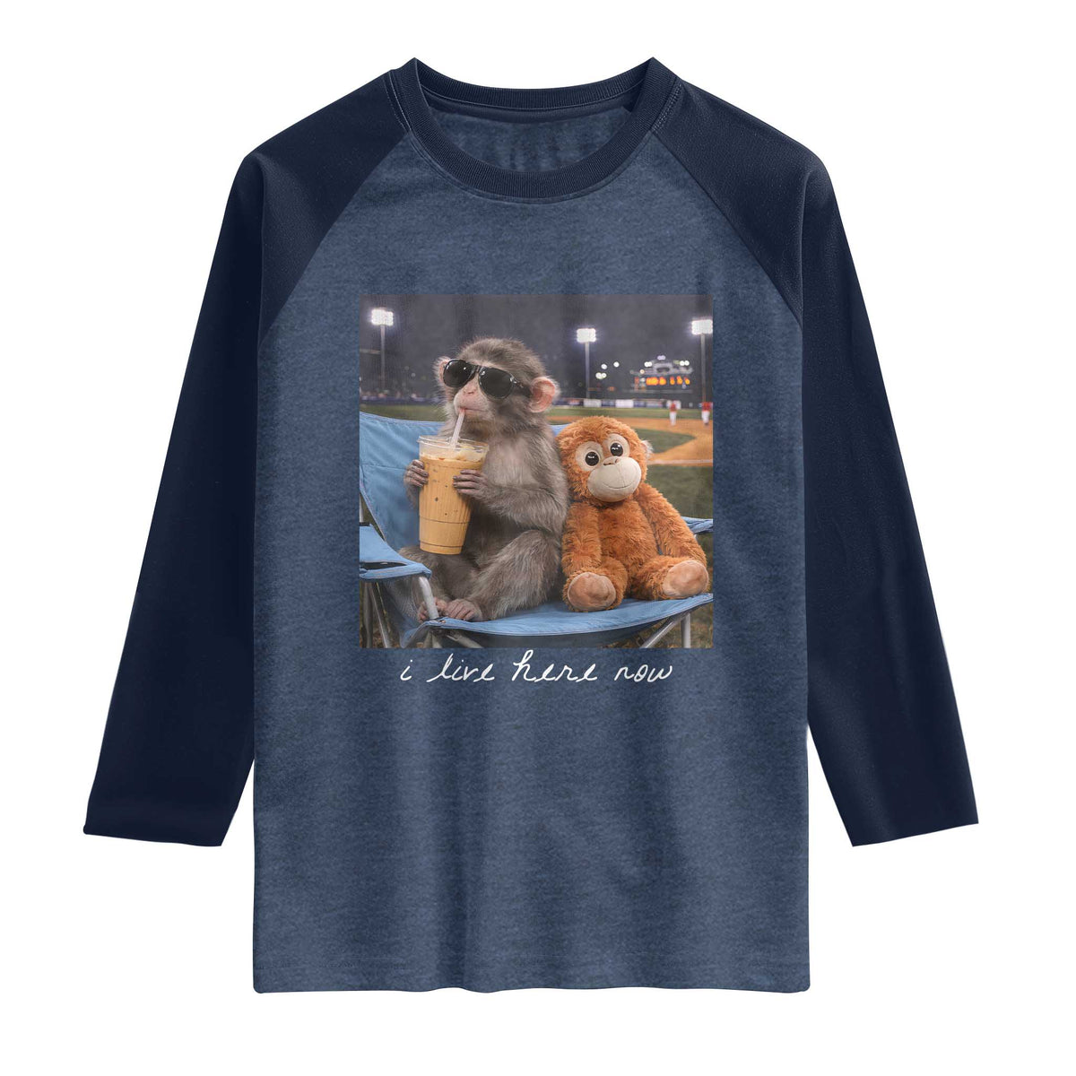 Funny Punch Monkey Baseball Raglan Shirt I Live Here Now Ballpark Graphic TS14 Heather Denim Navy Print Your Wear