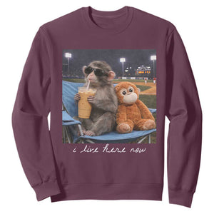 Funny Punch Monkey Baseball Sweatshirt I Live Here Now Ballpark Graphic TS14 Maroon Print Your Wear