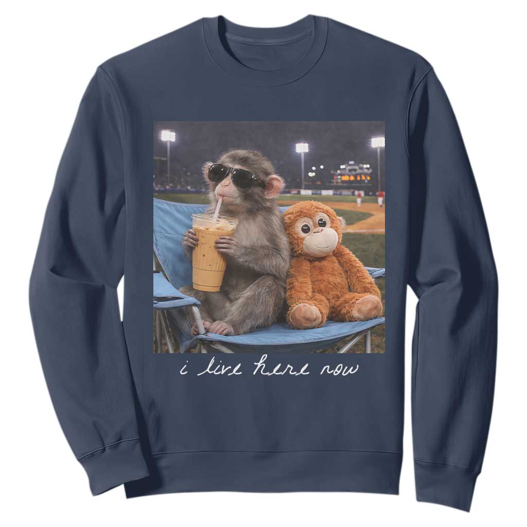Funny Punch Monkey Baseball Sweatshirt I Live Here Now Ballpark Graphic TS14 Navy Print Your Wear