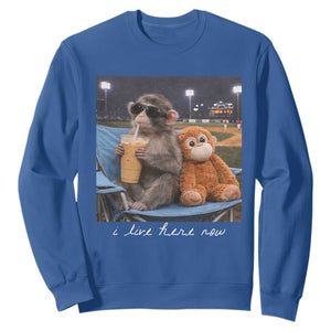 Funny Punch Monkey Baseball Sweatshirt I Live Here Now Ballpark Graphic TS14 Royal Blue Print Your Wear
