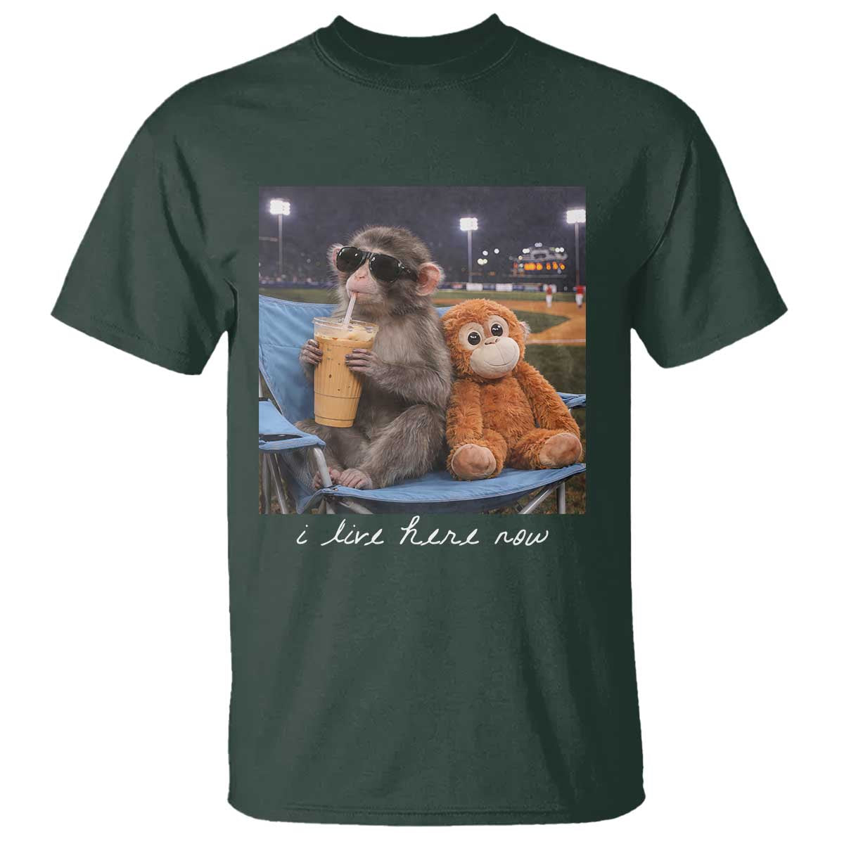 Funny Punch Monkey Baseball T Shirt I Live Here Now Ballpark Graphic TS14 Dark Forest Green Print Your Wear