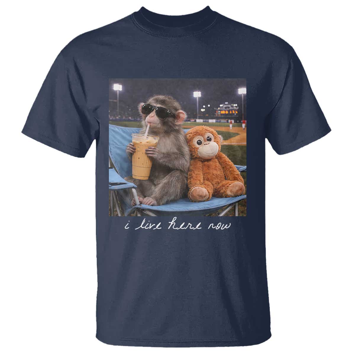 Funny Punch Monkey Baseball T Shirt I Live Here Now Ballpark Graphic TS14 Navy Print Your Wear