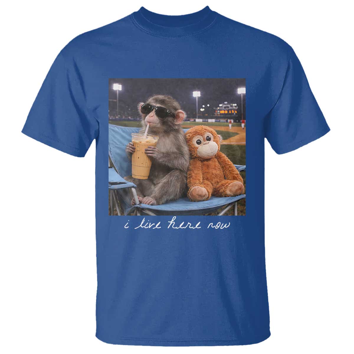 Funny Punch Monkey Baseball T Shirt I Live Here Now Ballpark Graphic TS14 Royal Blue Print Your Wear