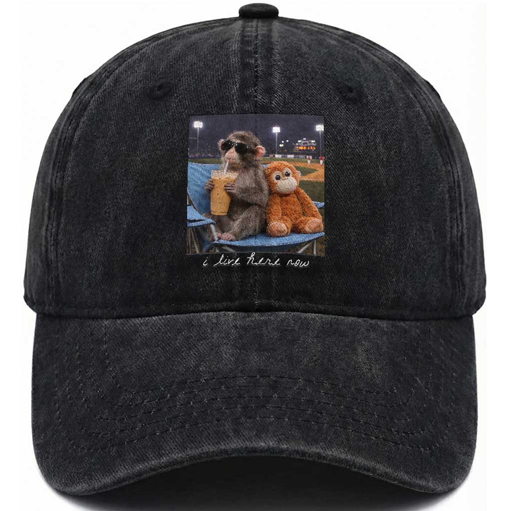 Funny Punch Monkey Baseball Washed Cotton Baseball Cap I Live Here Now Ballpark Graphic TS14 Print Your Wear