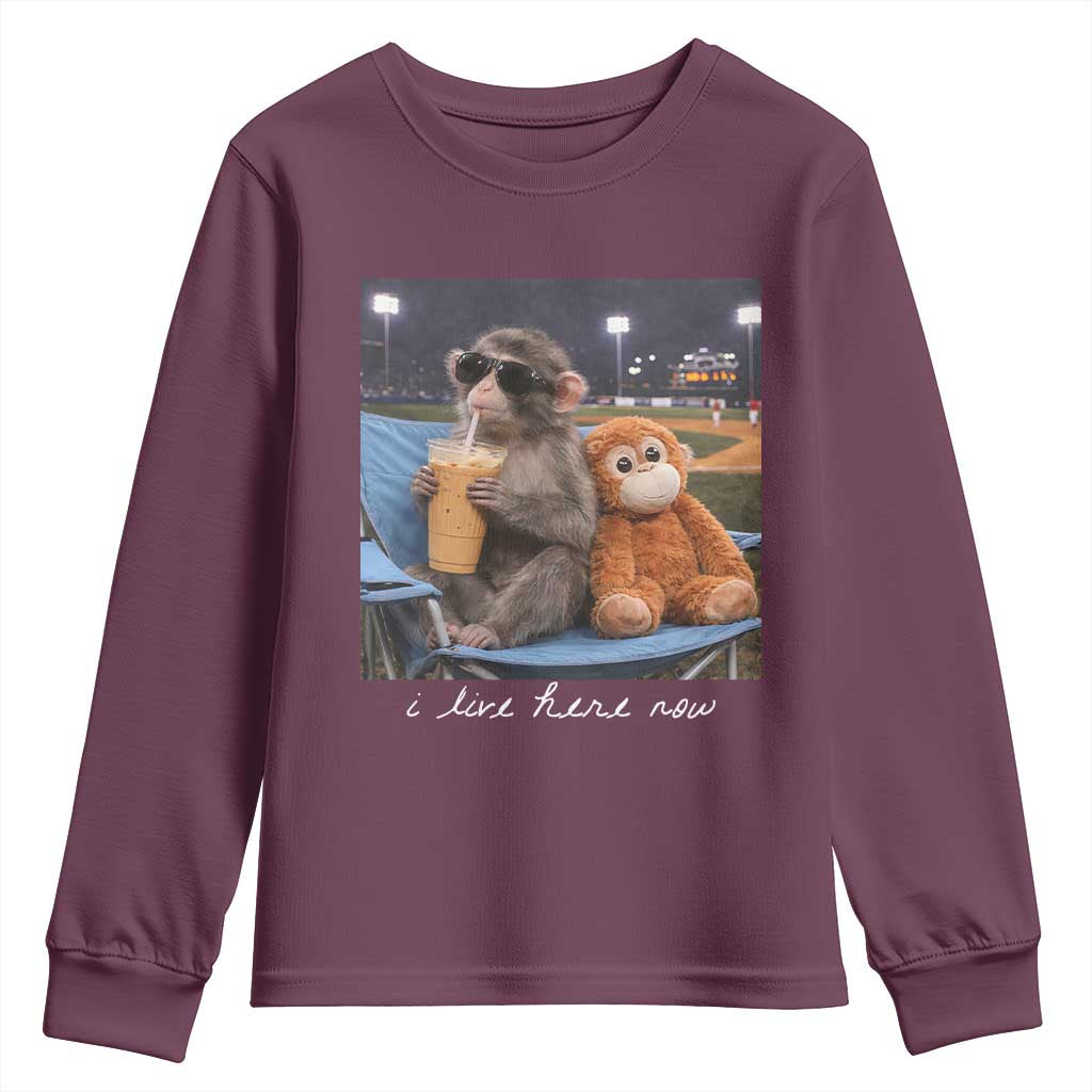 Funny Punch Monkey Baseball Youth Sweatshirt I Live Here Now Ballpark Graphic TS14 Maroon Print Your Wear