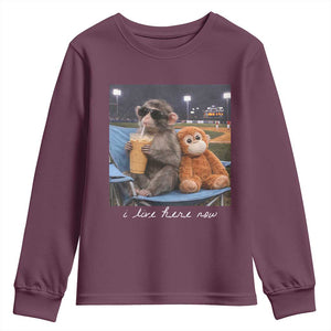 Funny Punch Monkey Baseball Youth Sweatshirt I Live Here Now Ballpark Graphic TS14 Maroon Print Your Wear