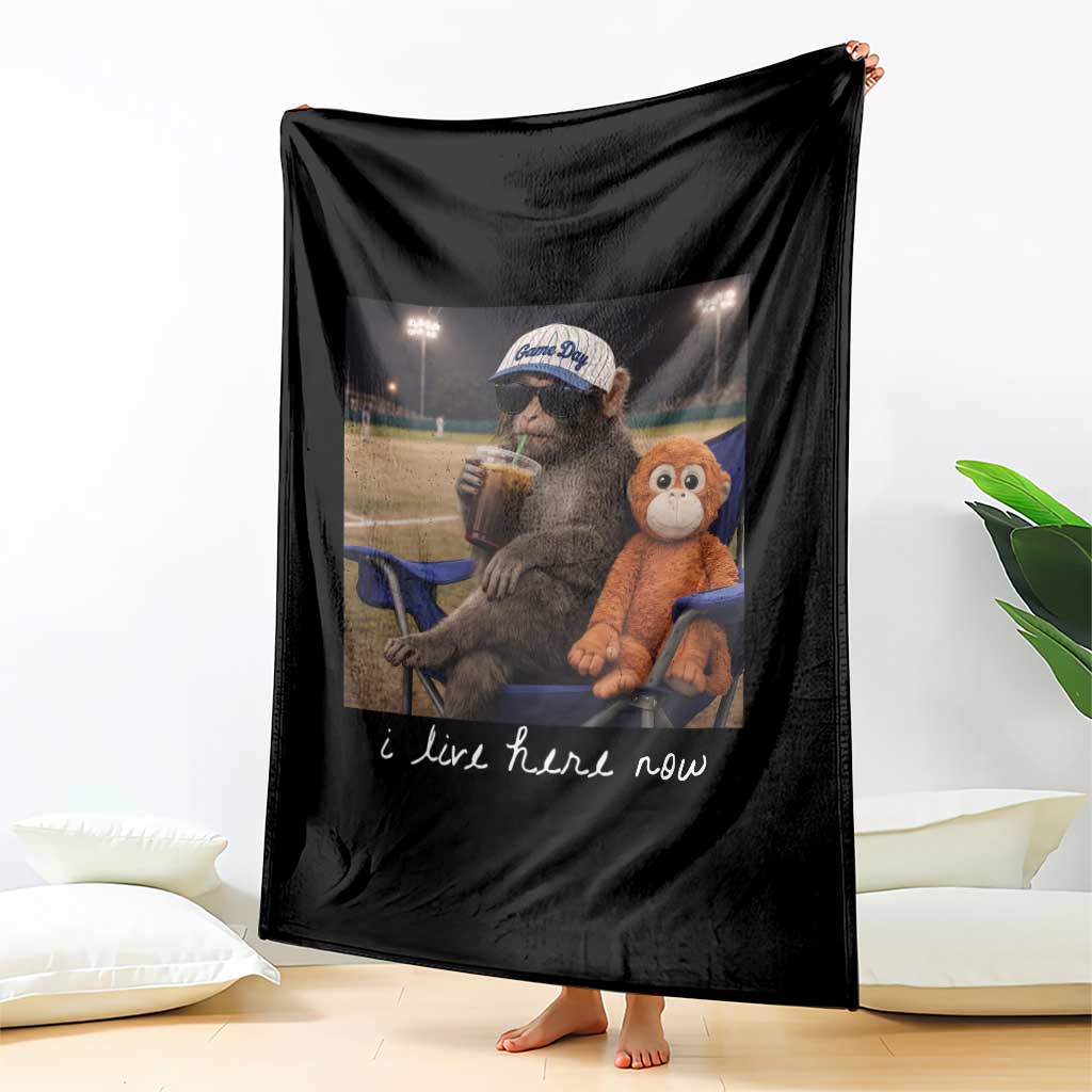 I Live Here Now Punch Monkey Throw Blanket Funny Drinking Iced Coffee Baseball Field TS14 Print Your Wear