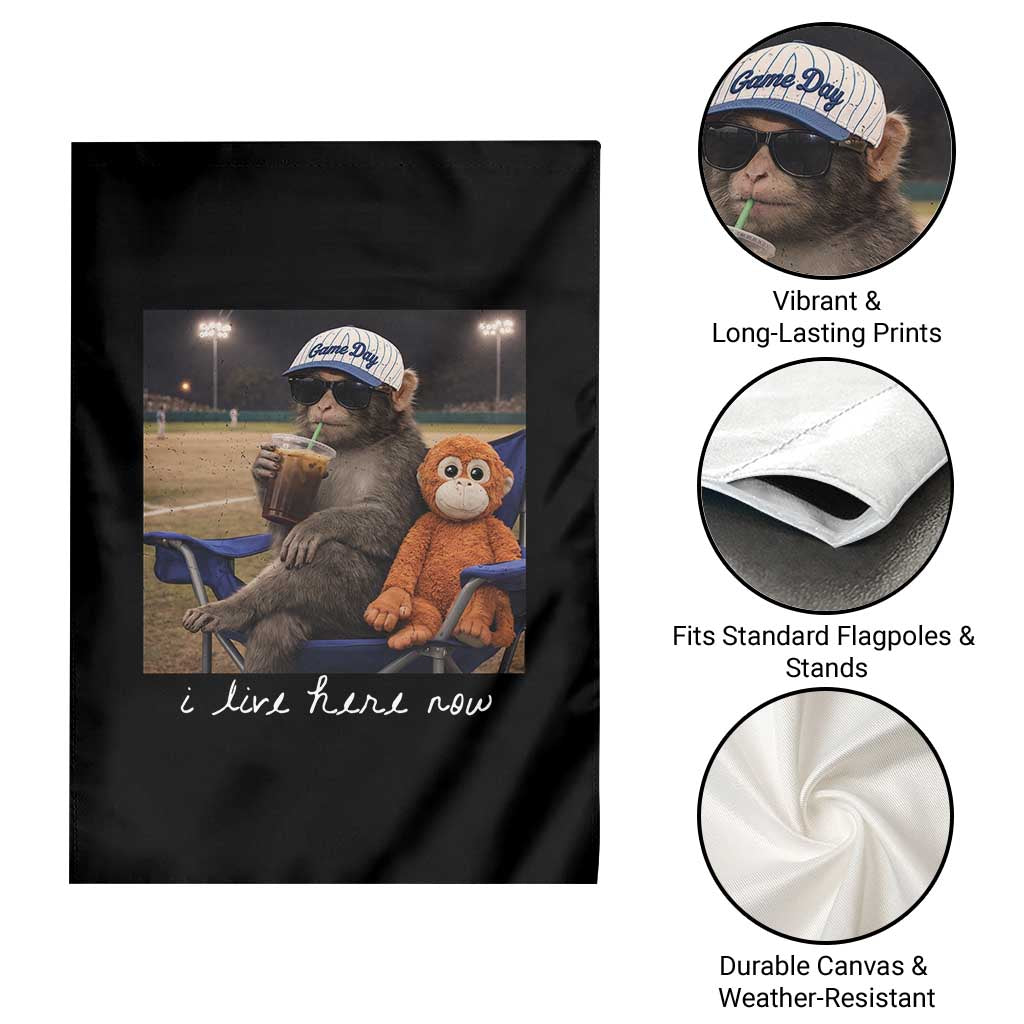 I Live Here Now Punch Monkey Garden Flag Funny Drinking Iced Coffee Baseball Field TS14 Print Your Wear