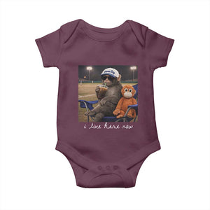 I Live Here Now Punch Monkey Baby Onesie Funny Drinking Iced Coffee Baseball Field TS14 Maroon Print Your Wear