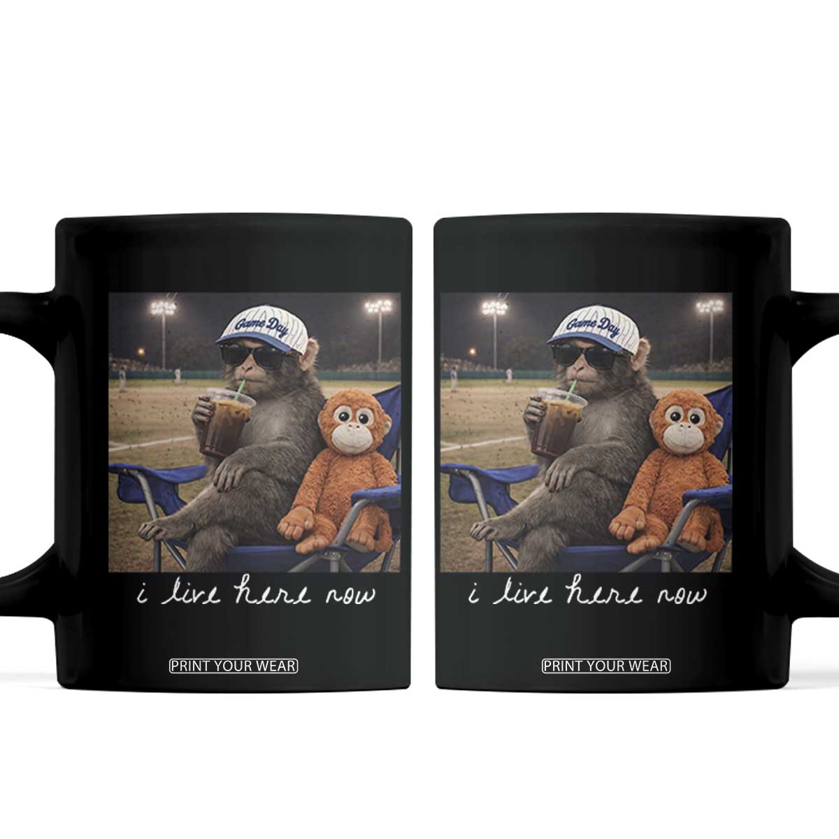 I Live Here Now Punch Monkey Coffee Mug Funny Drinking Iced Coffee Baseball Field TS14 Black Print Your Wear