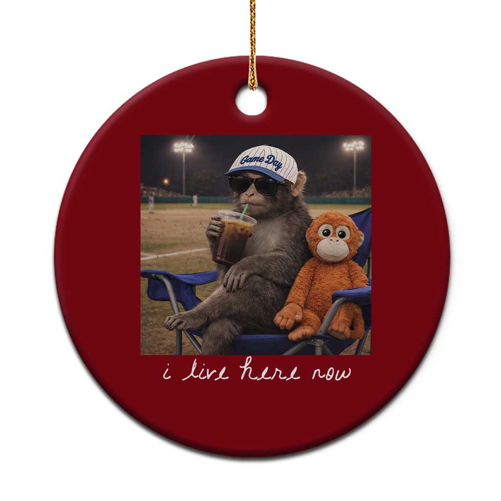 I Live Here Now Punch Monkey Ceramic Ornament Funny Drinking Iced Coffee Baseball Field TS14 1pc Red Print Your Wear