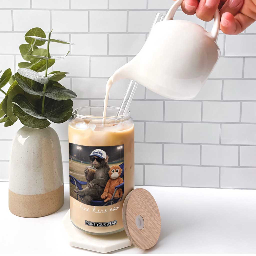 I Live Here Now Punch Monkey Glass Can Funny Drinking Iced Coffee Baseball Field TS14 Print Your Wear