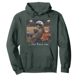 I Live Here Now Punch Monkey Hoodie Funny Drinking Iced Coffee Baseball Field TS14 Dark Forest Green Print Your Wear