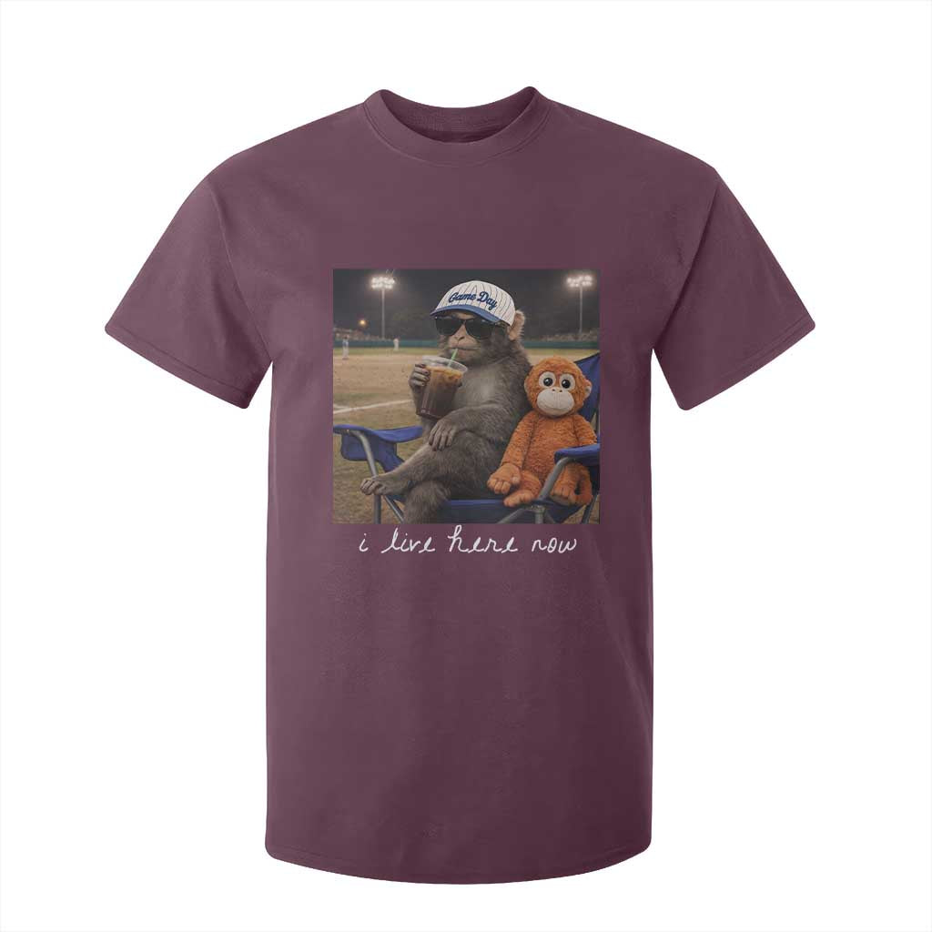 I Live Here Now Punch Monkey T Shirt For Kid Funny Drinking Iced Coffee Baseball Field TS14 Maroon Print Your Wear