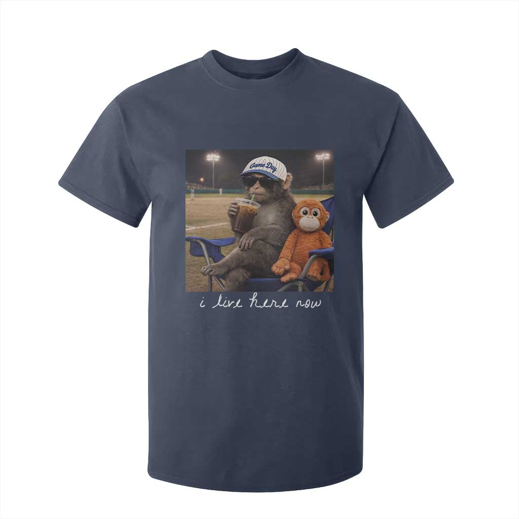 I Live Here Now Punch Monkey T Shirt For Kid Funny Drinking Iced Coffee Baseball Field TS14 Navy Print Your Wear