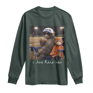 I Live Here Now Punch Monkey Long Sleeve Shirt Funny Drinking Iced Coffee Baseball Field TS14 Dark Forest Green Print Your Wear