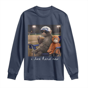 I Live Here Now Punch Monkey Long Sleeve Shirt Funny Drinking Iced Coffee Baseball Field TS14 Navy Print Your Wear