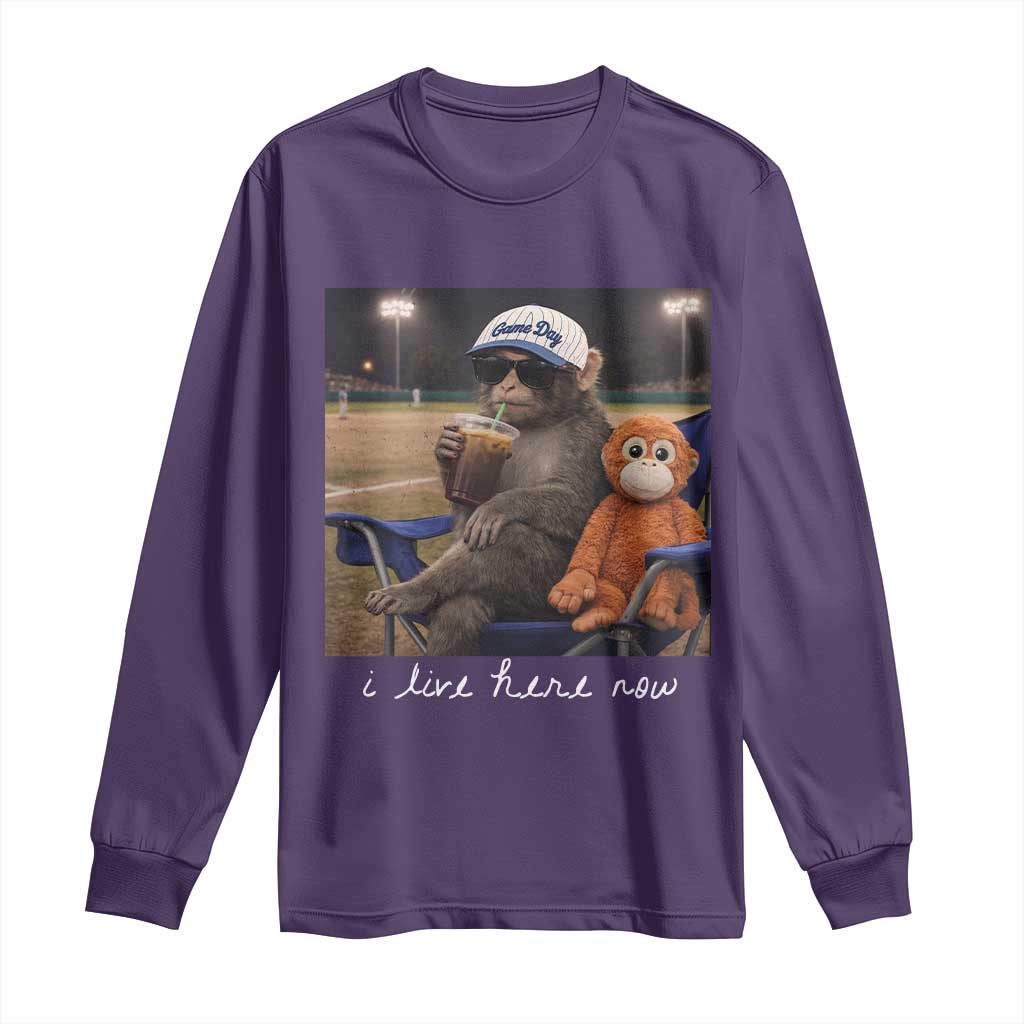 I Live Here Now Punch Monkey Long Sleeve Shirt Funny Drinking Iced Coffee Baseball Field TS14 Purple Print Your Wear