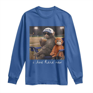 I Live Here Now Punch Monkey Long Sleeve Shirt Funny Drinking Iced Coffee Baseball Field TS14 Royal Blue Print Your Wear