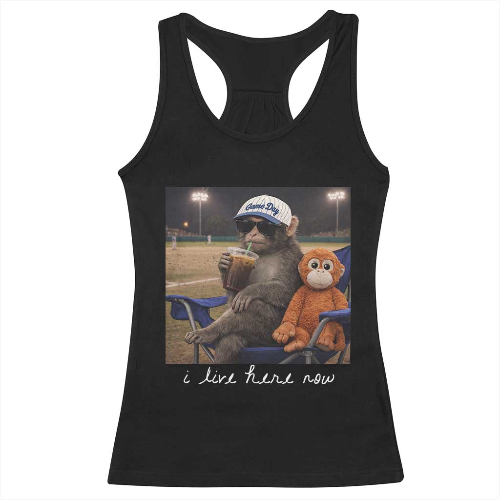 I Live Here Now Punch Monkey Racerback Tank Top Funny Drinking Iced Coffee Baseball Field TS14 Black Print Your Wear