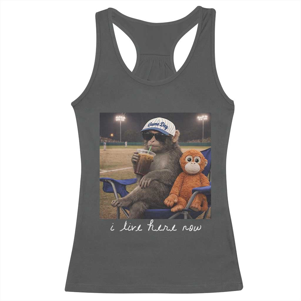 I Live Here Now Punch Monkey Racerback Tank Top Funny Drinking Iced Coffee Baseball Field TS14 Dark Heather Print Your Wear