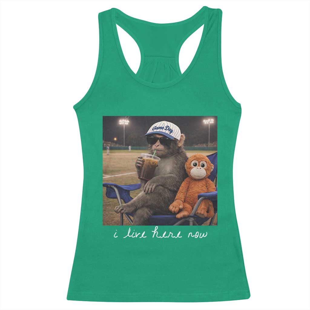 I Live Here Now Punch Monkey Racerback Tank Top Funny Drinking Iced Coffee Baseball Field TS14 Irish Green Print Your Wear