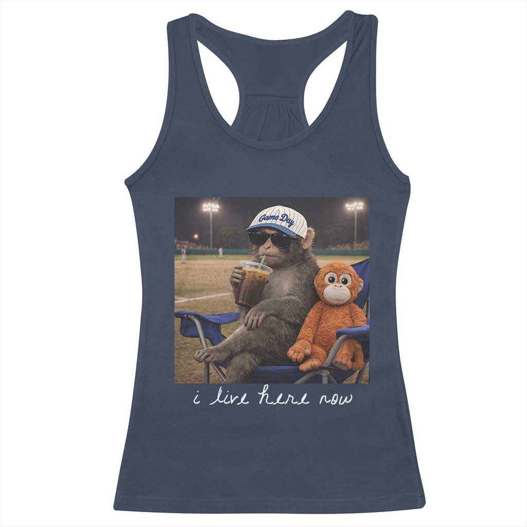 I Live Here Now Punch Monkey Racerback Tank Top Funny Drinking Iced Coffee Baseball Field TS14 Navy Print Your Wear