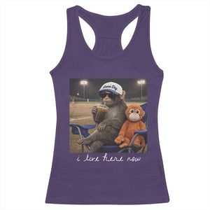 I Live Here Now Punch Monkey Racerback Tank Top Funny Drinking Iced Coffee Baseball Field TS14 Purple Print Your Wear