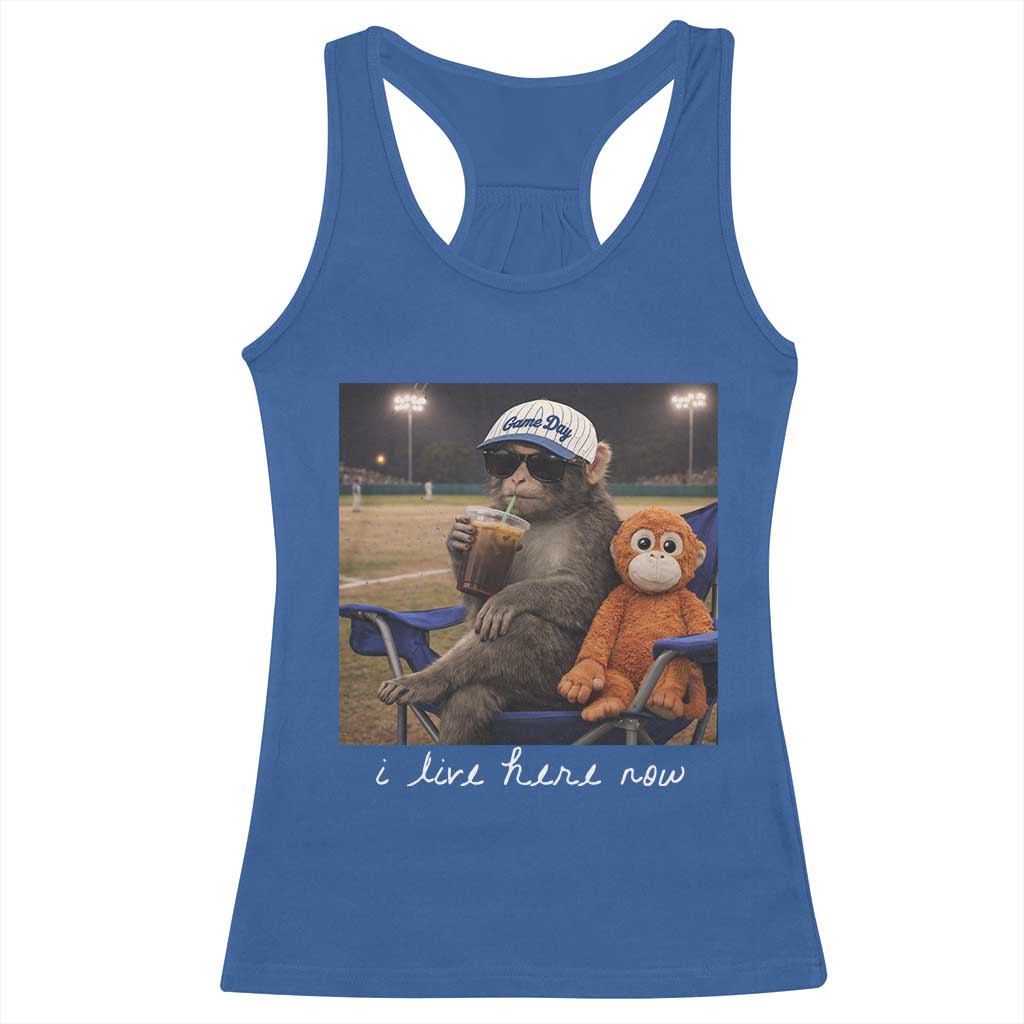 I Live Here Now Punch Monkey Racerback Tank Top Funny Drinking Iced Coffee Baseball Field TS14 Royal Blue Print Your Wear