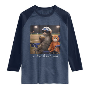 I Live Here Now Punch Monkey Raglan Shirt Funny Drinking Iced Coffee Baseball Field TS14 Heather Denim Navy Print Your Wear