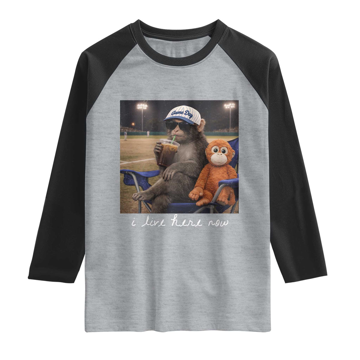 I Live Here Now Punch Monkey Raglan Shirt Funny Drinking Iced Coffee Baseball Field TS14 Heather Gray Black Print Your Wear