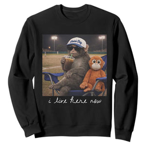 I Live Here Now Punch Monkey Sweatshirt Funny Drinking Iced Coffee Baseball Field TS14 Black Print Your Wear